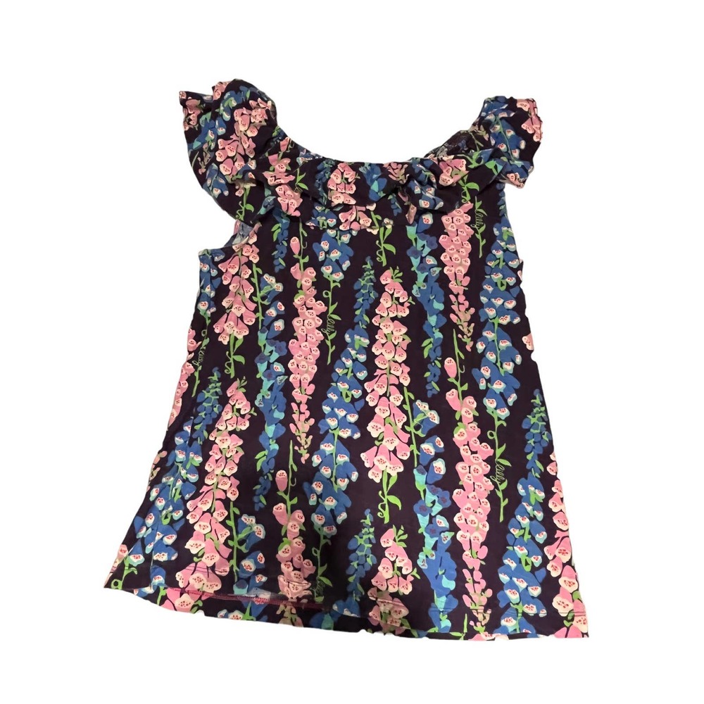 Lilly Pulitzer Navy Floral Ruffled Neck Sleeveless Blouse